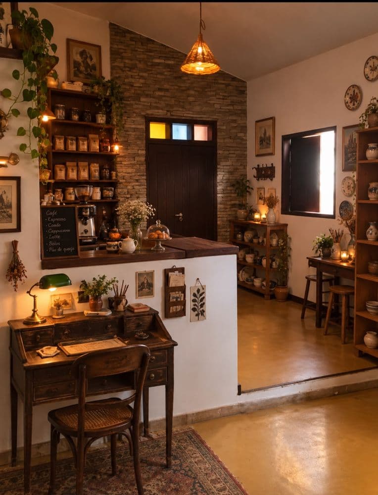 Mesa do café do ateliê, com xícaras de cerâmica feitas à mão.